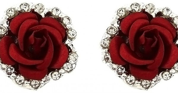 Fashion Rose Flower Stud Earring For Women Red Rose Rhinestone Zircon Ear  Studs Bride Wedding Engagement Earrings Jewelry Gift